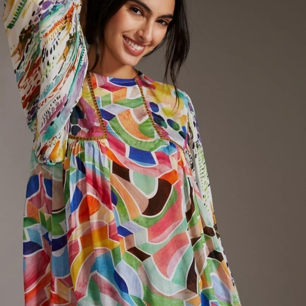 Anthropologie Bl-Nk Miranda Peasant Blouse Green Motif XXS - Picture 1 of 7